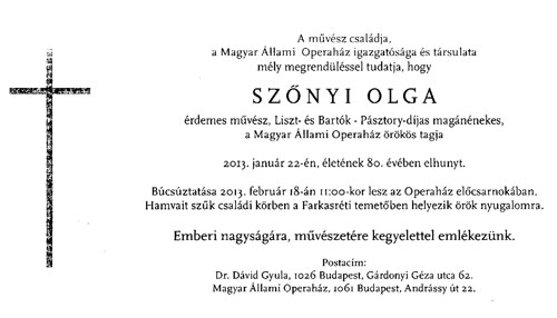 Gyászjelentés - Szőnyi Olga