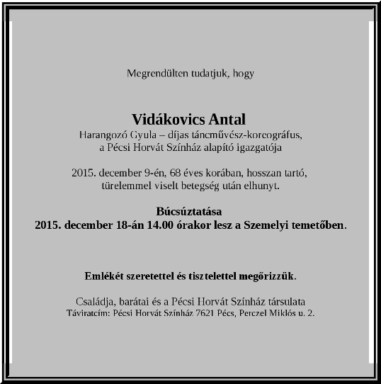 Gyászjelentés - Vidákovics Antal